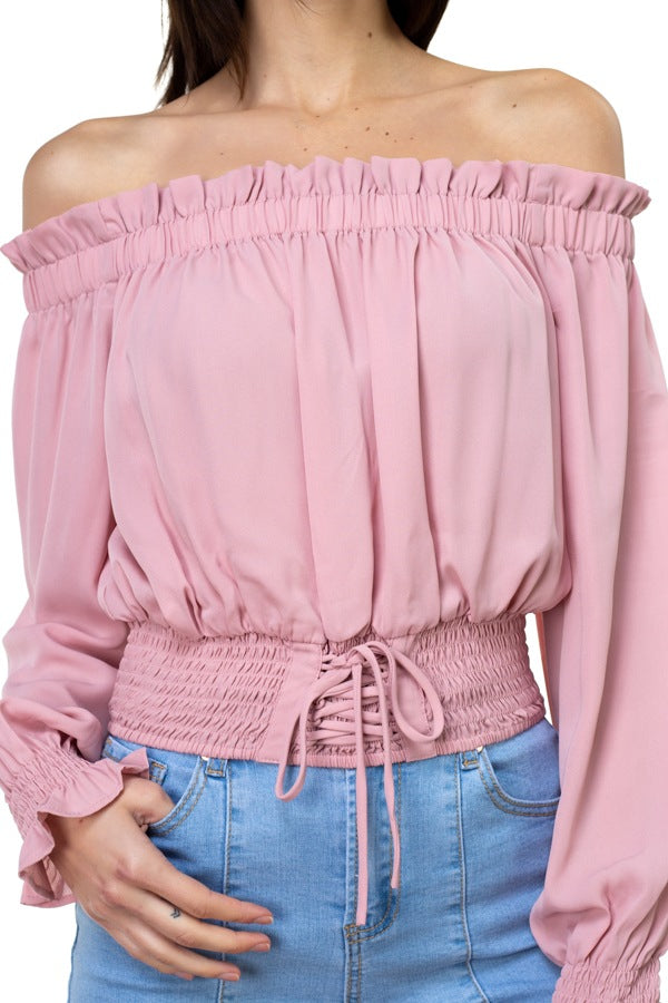 Smock Bottom Ruffle Off Shoulder Shirt
