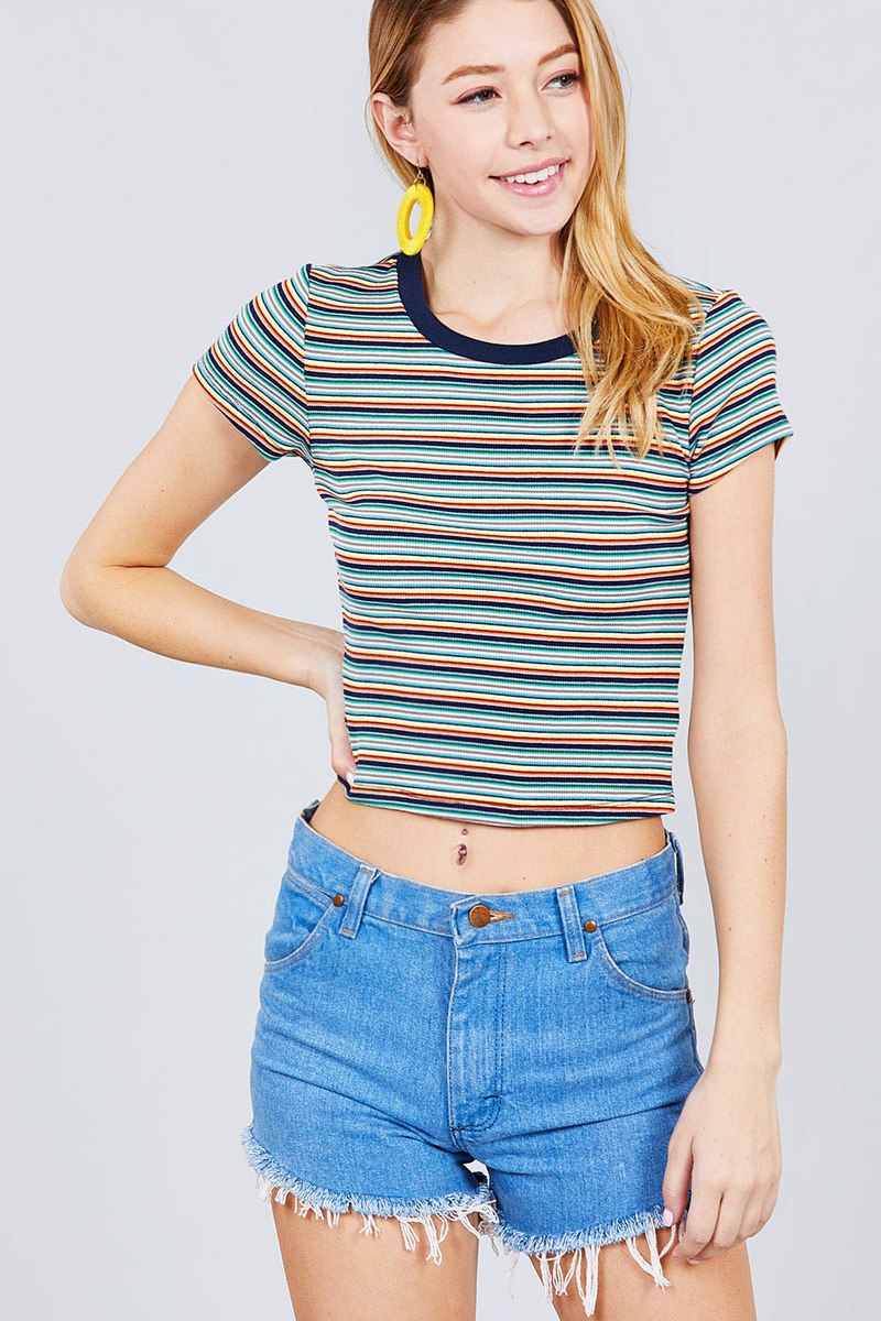 Short Sleeve Crew Neck Multi Stripe Rib Top