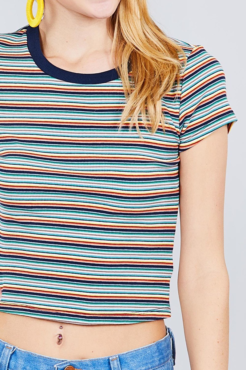 Short Sleeve Crew Neck Multi Stripe Rib Top
