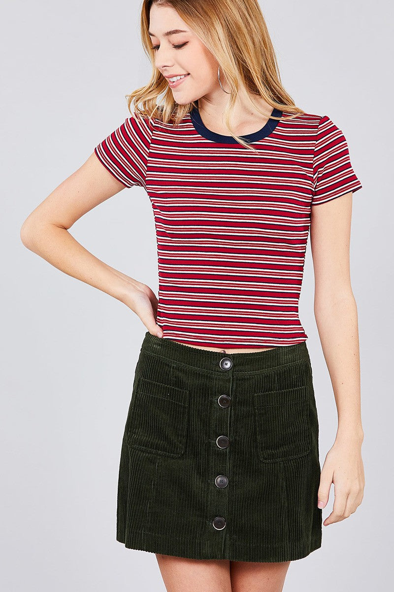 Short Sleeve Crew Neck Multi Stripe Rib Top