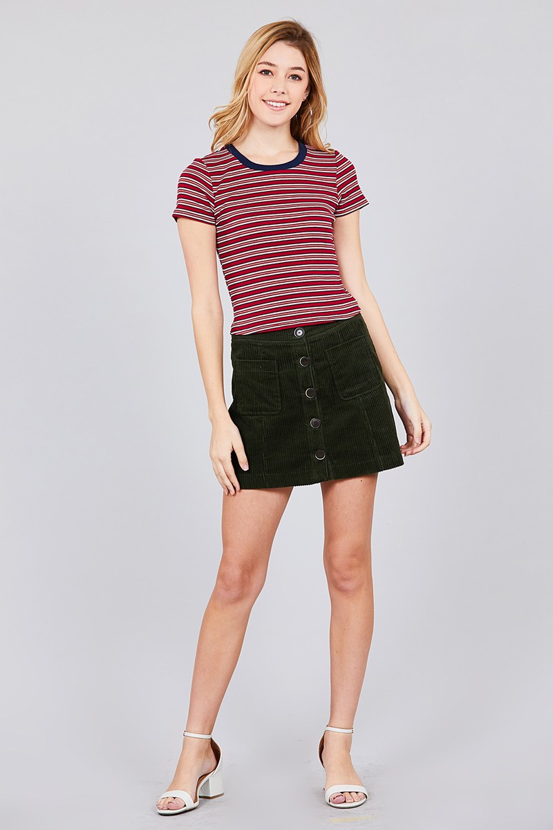 Short Sleeve Crew Neck Multi Stripe Rib Top
