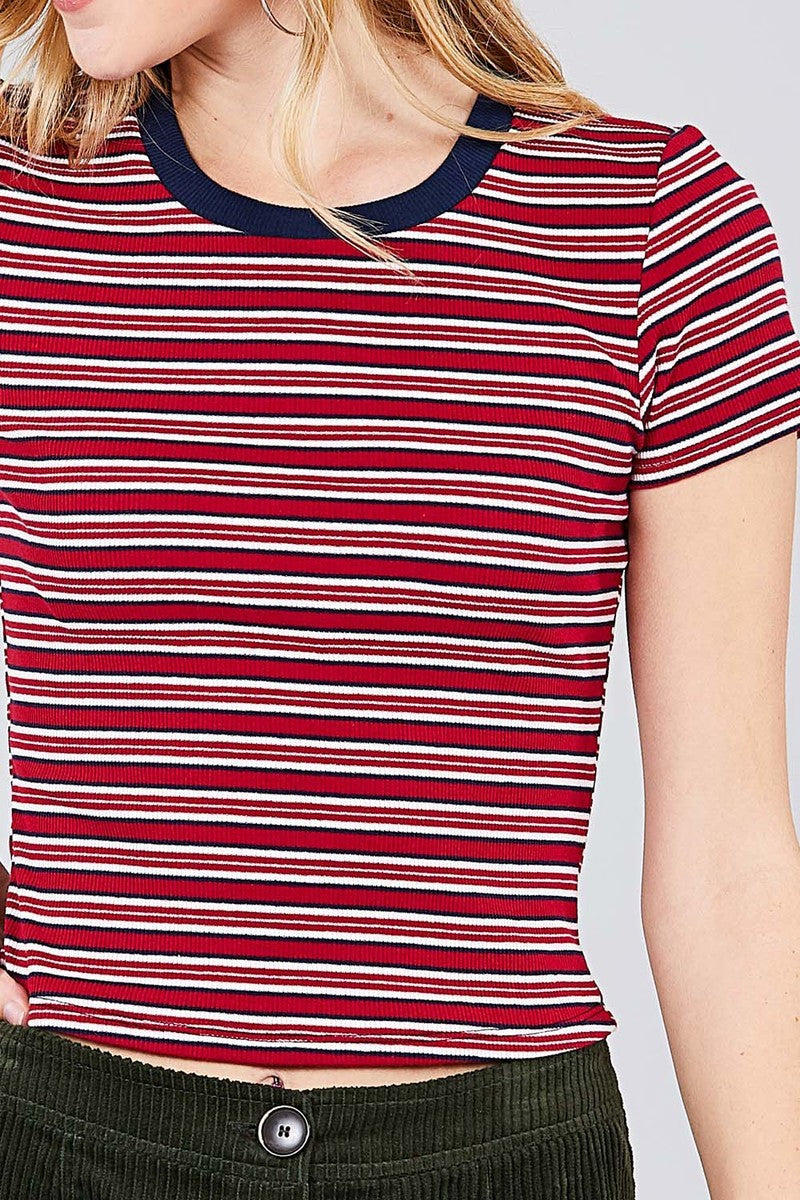 Short Sleeve Crew Neck Multi Stripe Rib Top