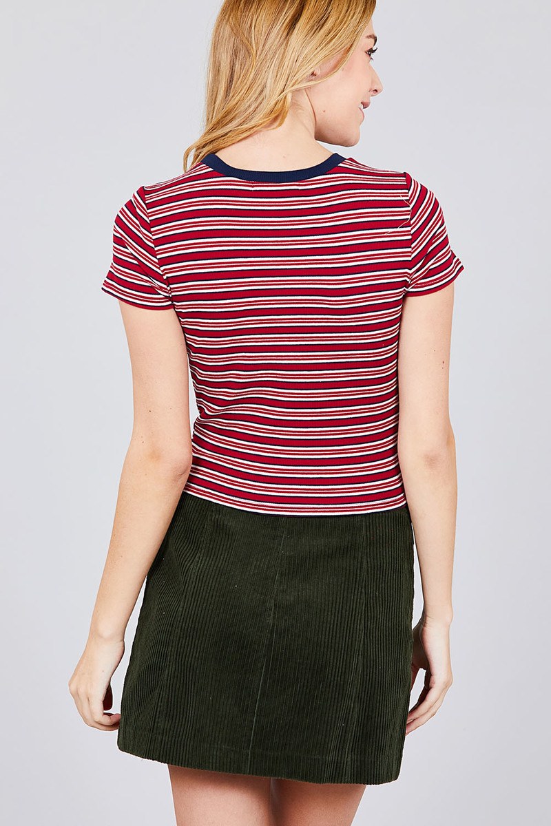 Short Sleeve Crew Neck Multi Stripe Rib Top