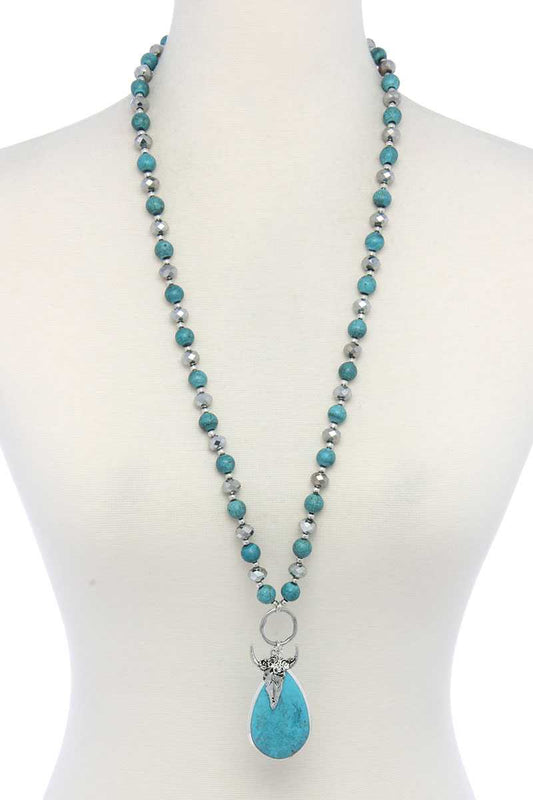 Cattle Skull Teardrop Shape Pendant Beaded Necklace