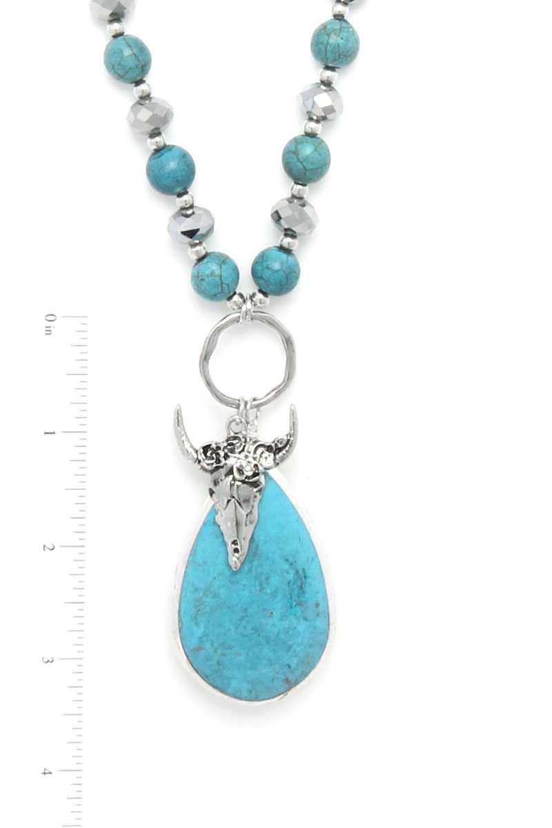 Cattle Skull Teardrop Shape Pendant Beaded Necklace
