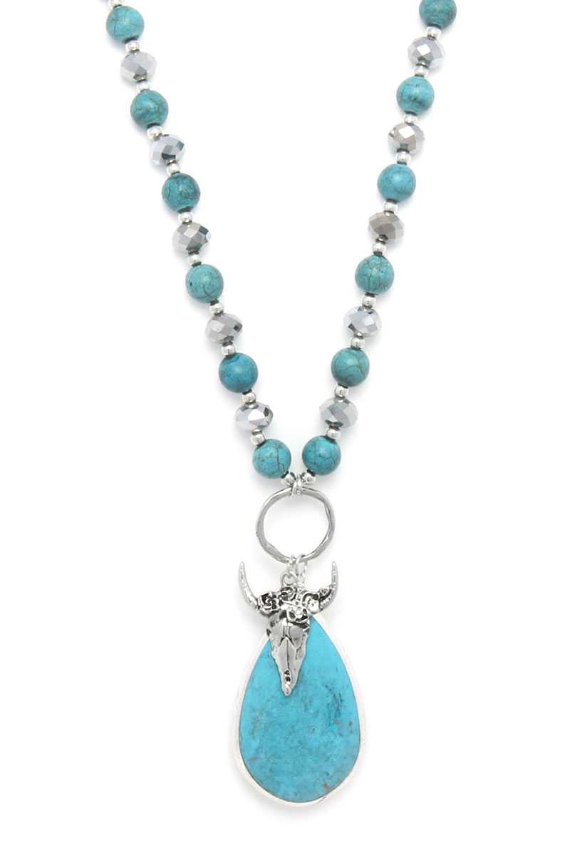 Cattle Skull Teardrop Shape Pendant Beaded Necklace
