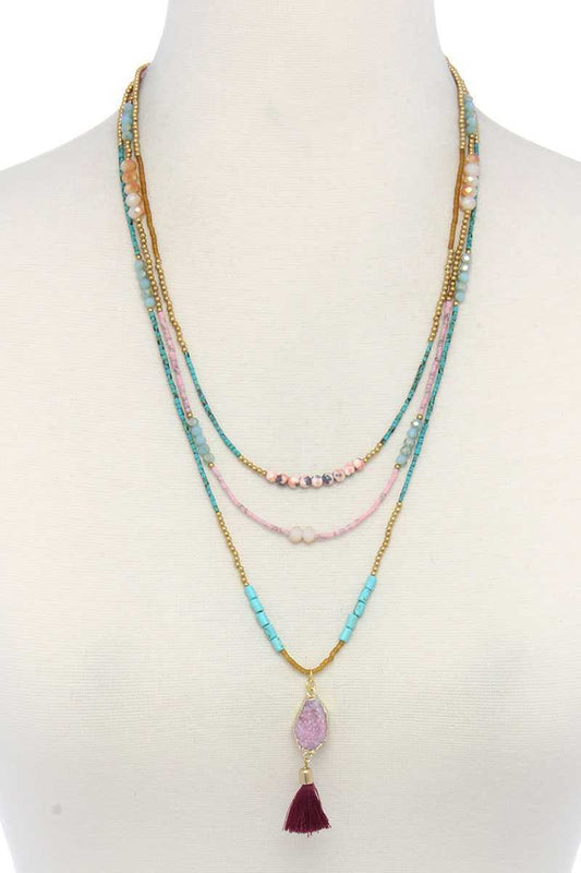 Faux Druxy Stone Tassel Beaded Layered Necklace