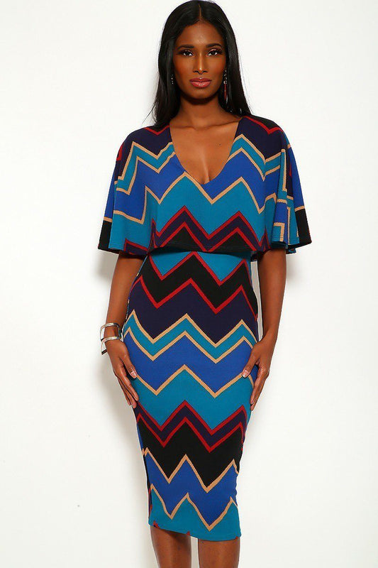Chevron Print Midi Dress With Over The Shoulder Ruffle And V-neck