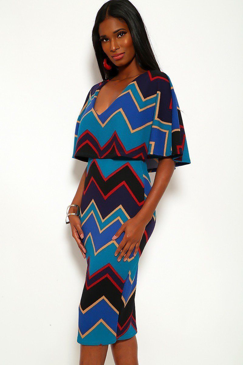 Chevron Print Midi Dress With Over The Shoulder Ruffle And V-neck