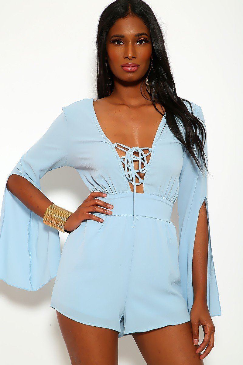 Solid, Short Romper With 3/4 Sleeves, Slits, Lace Up V Neckline And Stretchy Waist