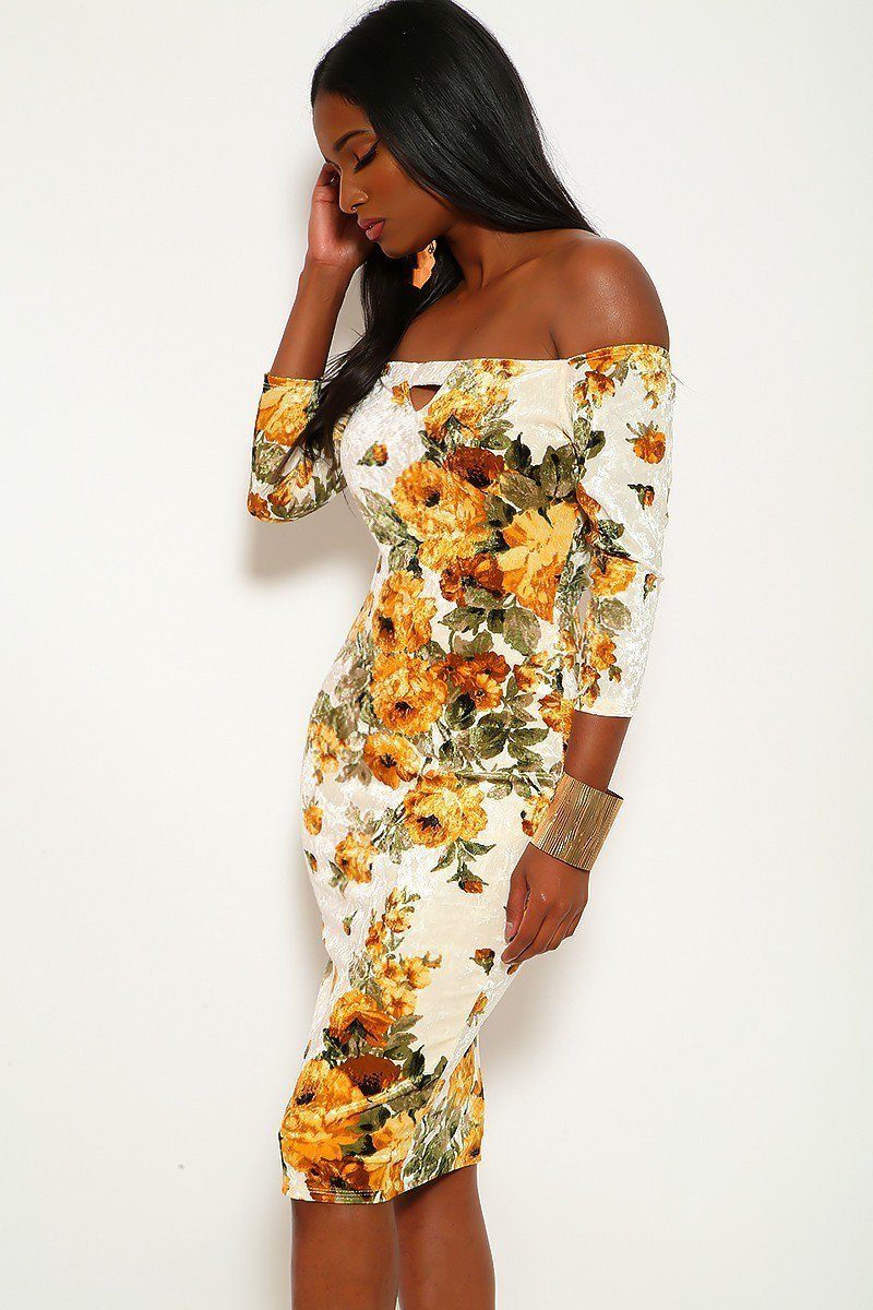 Crushed Velvet Floral Midi Dress With 3/4 Sleeves, Off The Shoulders Neckline And Keyhole In Bodycon Fit