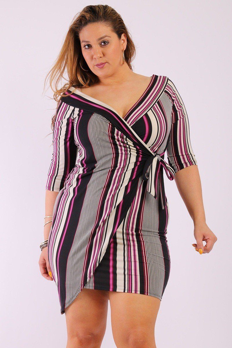 Striped, Wrap Dress With 3/4 Sleeves, V Neck And Belted