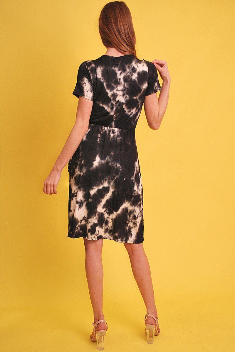 Tie-dye Print, Midi, A-line Dress In A Relaxed Fit With A V-neck, Wrapped Style, Side Waist Tie, And Short Sleeves