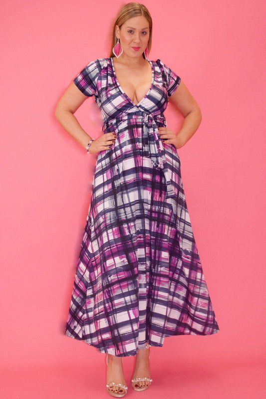 Plaid And Polka Dot Print Maxi Dress In A Relaxed Fit And Flare Style With A Wrapped V-neck, Short Sleeves, Side Pockets And Waist Tie Belt