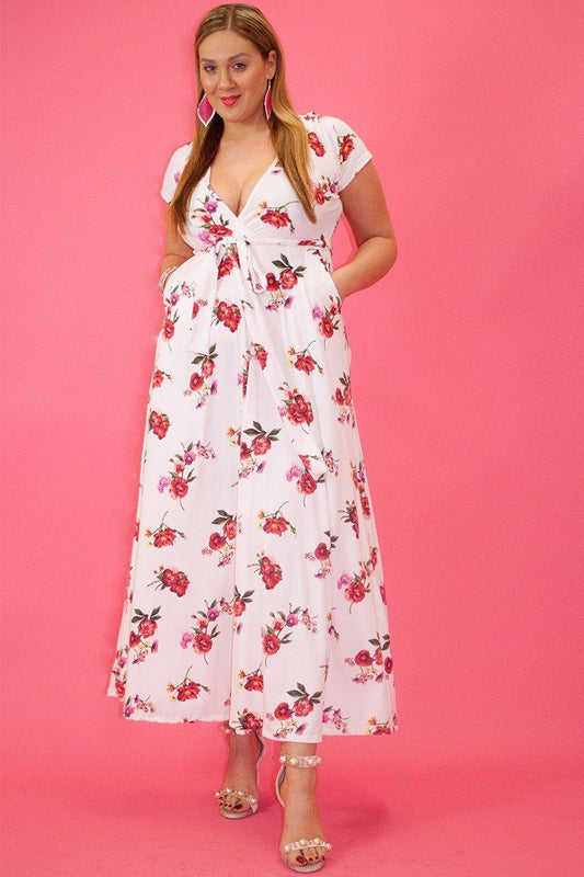 Rose Print Maxi Dress In A Relaxed Fit And Flare Style With A Wrapped V-neck, Short Sleeves, Side Pockets And Waist Tie Belt