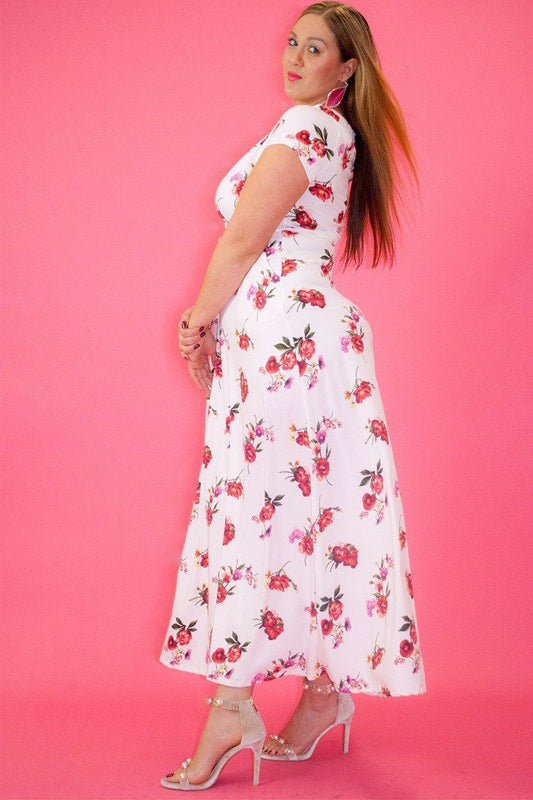 Rose Print Maxi Dress In A Relaxed Fit And Flare Style With A Wrapped V-neck, Short Sleeves, Side Pockets And Waist Tie Belt