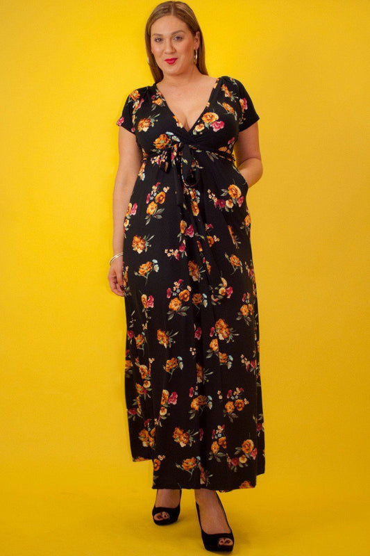 Rose Print Maxi Dress In A Relaxed Fit And Flare Style With A Wrapped V-neck, Short Sleeves, Side Pockets And Waist Tie Belt