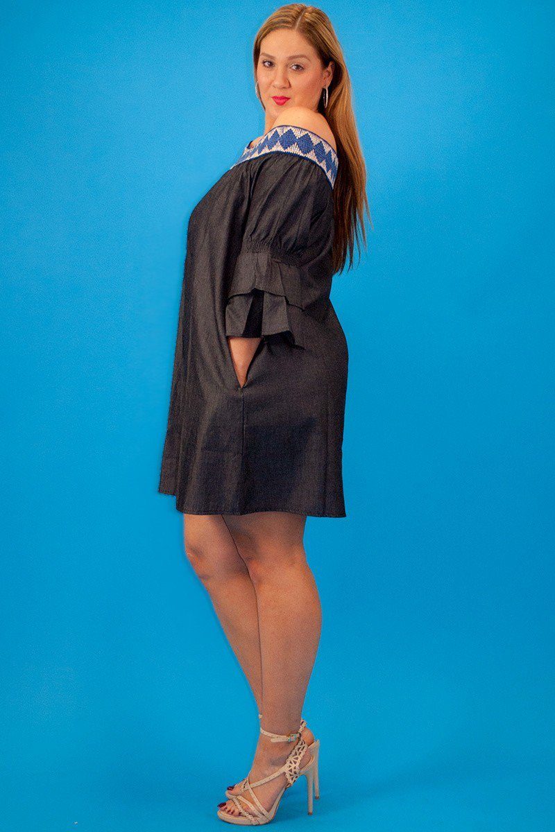 Chambray Denim, Short Sleeve, Off The Shoulder, Embroidered Elastic Neckline, Ruffle Overlay, Flared Sleeve, Loose Fit Midi Dress With Side Pockets