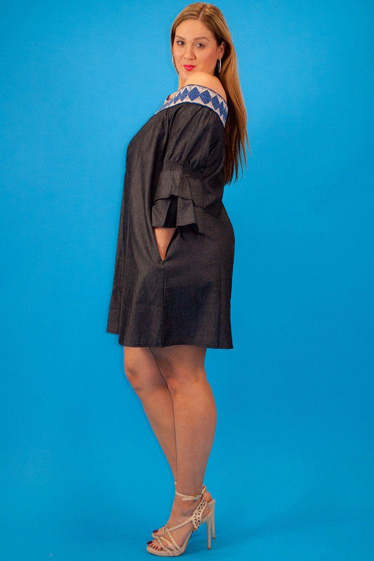 Chambray Denim, Short Sleeve, Off The Shoulder, Embroidered Elastic Neckline, Ruffle Overlay, Flared Sleeve, Loose Fit Midi Dress With Side Pockets
