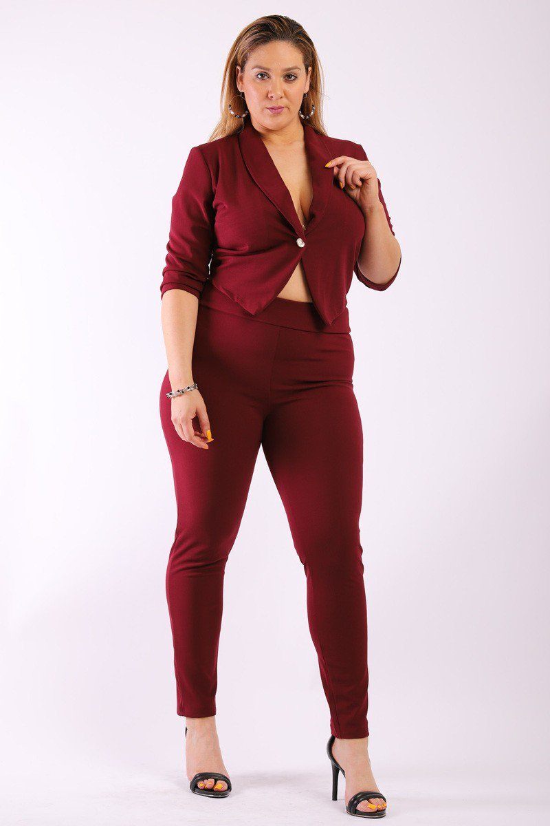 Solid, Fitted Two Piece Set Includes Blazer Coat With 3/4 Sleeves, Collard, One Button Closure And Pointed Hemline With Matching Full Length, High-waist Pant