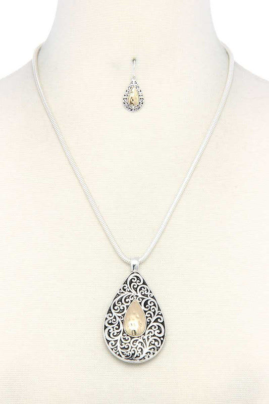 Two Tone Filigree Teardrop Shape Pendant Necklace