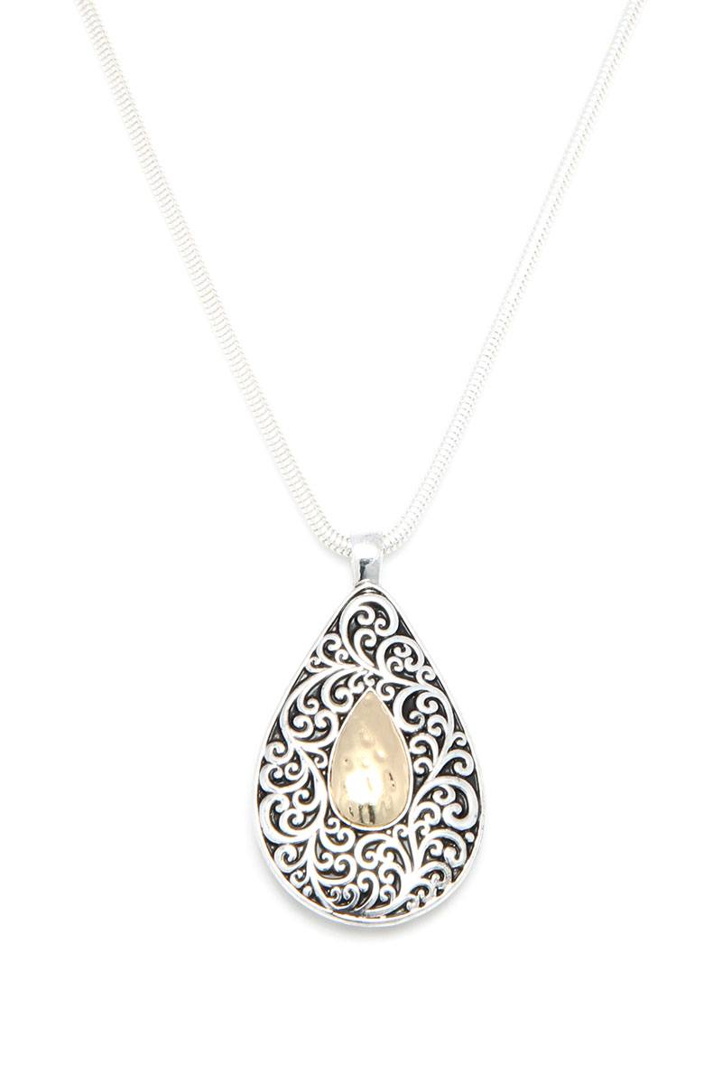 Two Tone Filigree Teardrop Shape Pendant Necklace