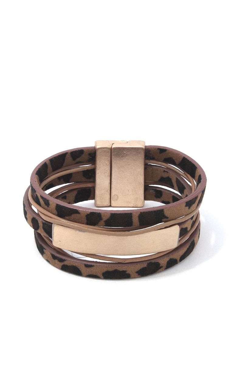 Metal Bar Pu Leather Wrap Magnetic Bracelet