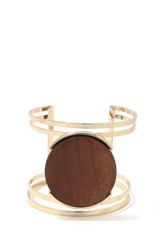 Wood Circle Metal Open Cuff Bracelet