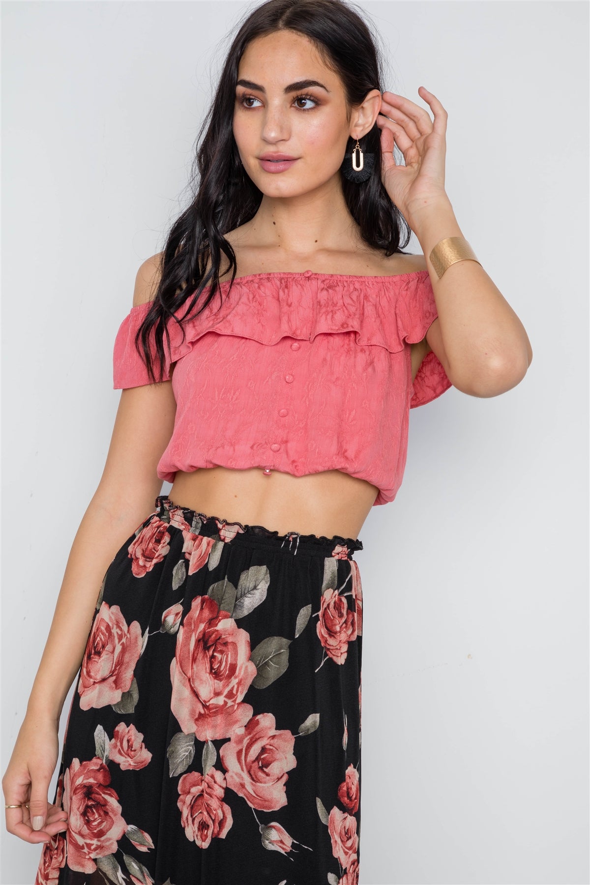 Coral Off-the-shoulder Flounce Crop Boho Top