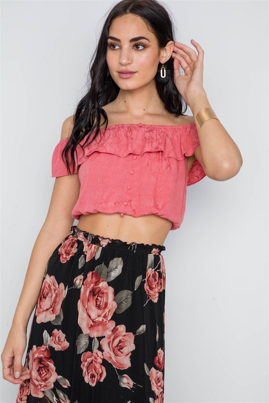 Coral Off-the-shoulder Flounce Crop Boho Top