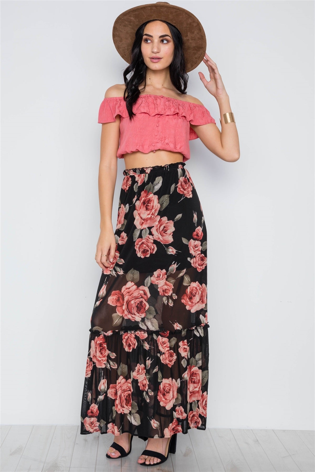 Coral Off-the-shoulder Flounce Crop Boho Top