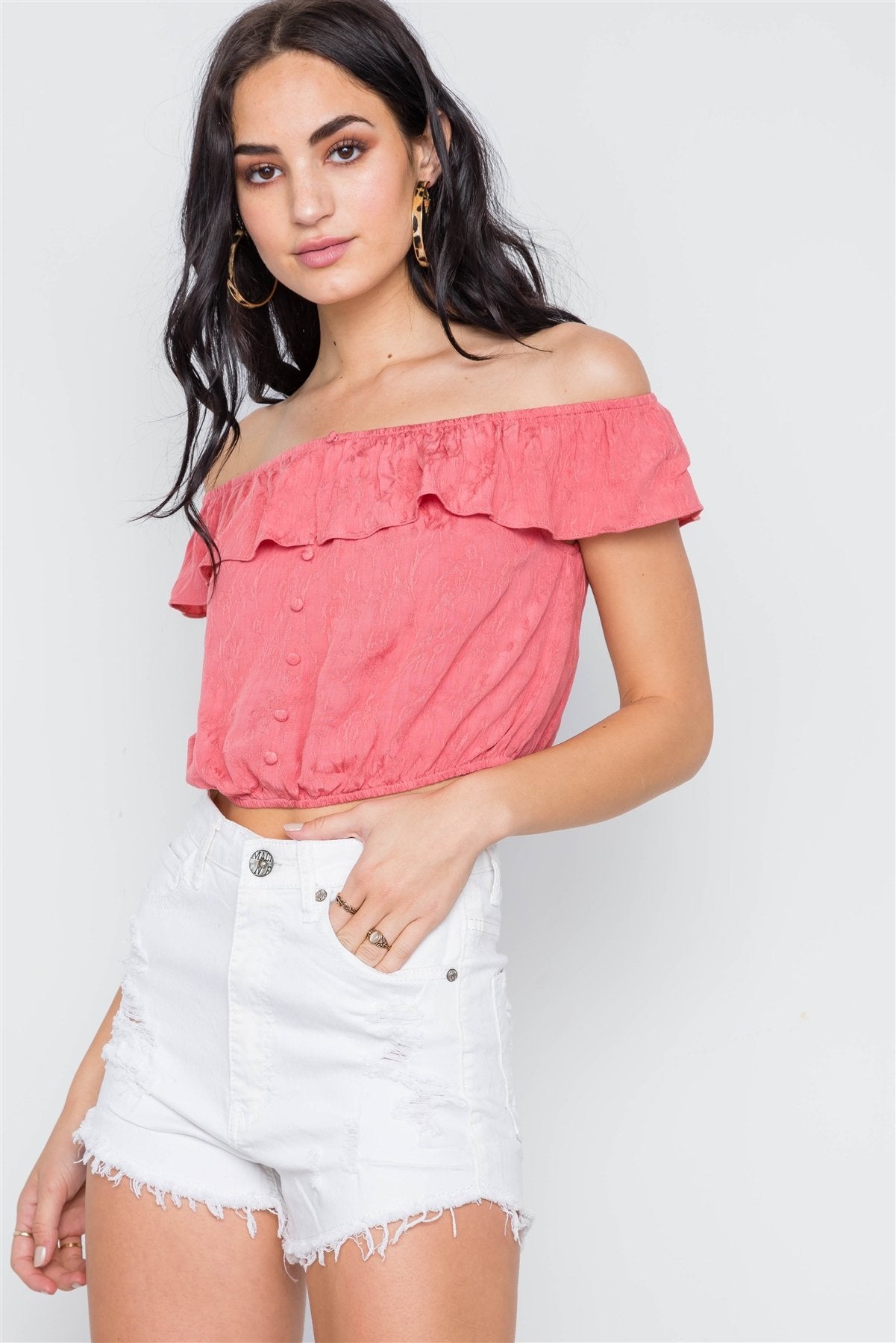 Coral Off-the-shoulder Flounce Crop Boho Top