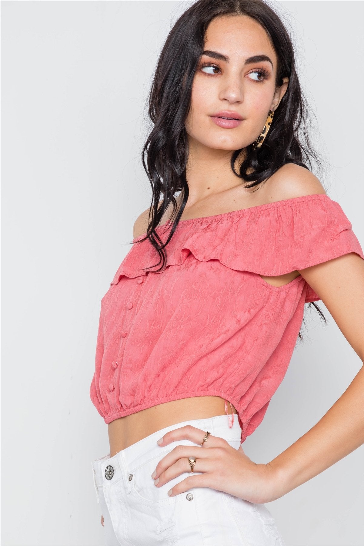 Coral Off-the-shoulder Flounce Crop Boho Top