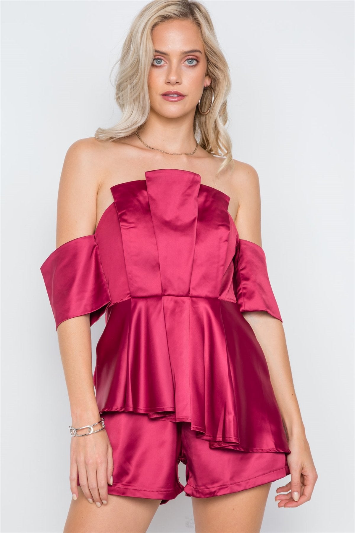 Wine Layered Off-the-shoulder Evening Romper
