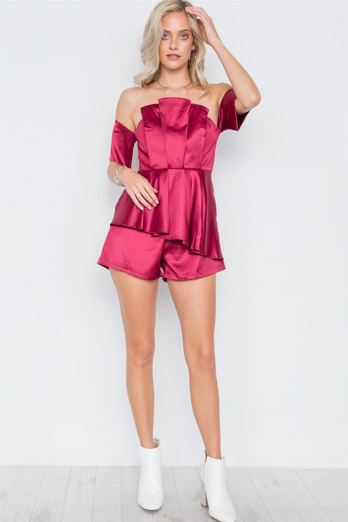 Wine Layered Off-the-shoulder Evening Romper