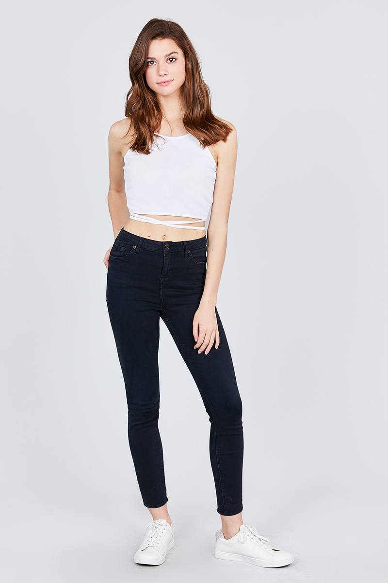 Scoop Neck W/back Cross Strap Detail Waist Self Tie Ribbed Cotton Spandex Crop Top