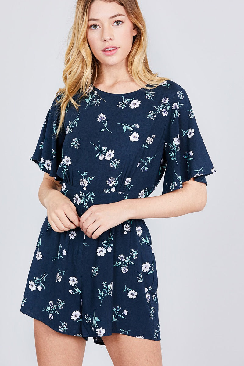 Bell Short Sleeve Back Open Waist Belt Print Romper