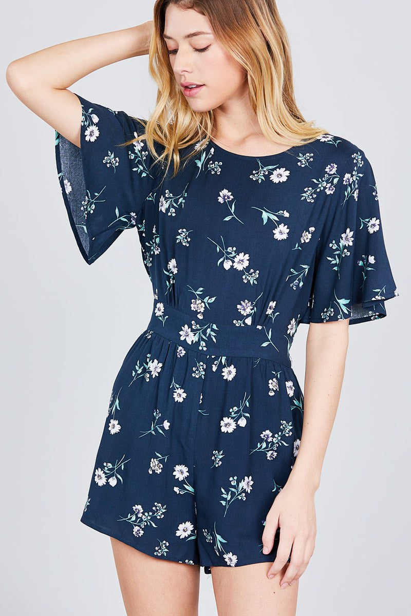 Bell Short Sleeve Back Open Waist Belt Print Romper