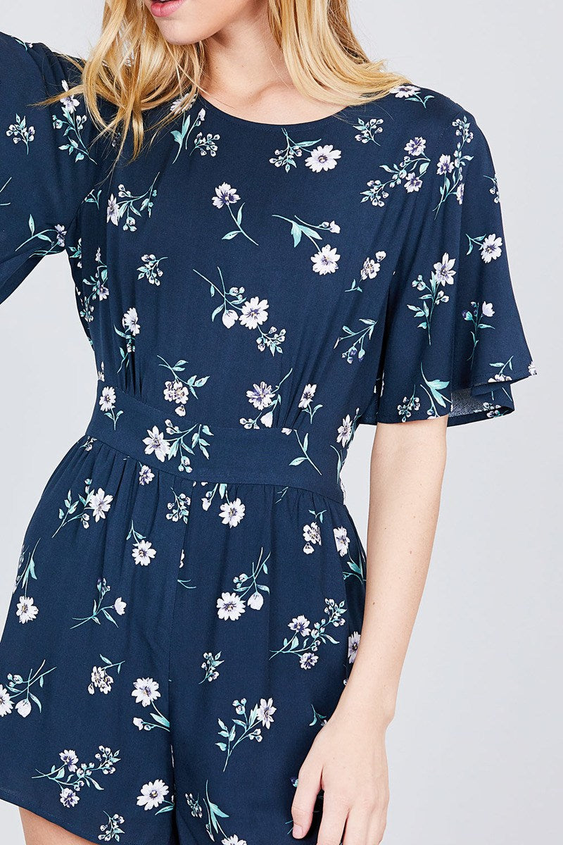 Bell Short Sleeve Back Open Waist Belt Print Romper