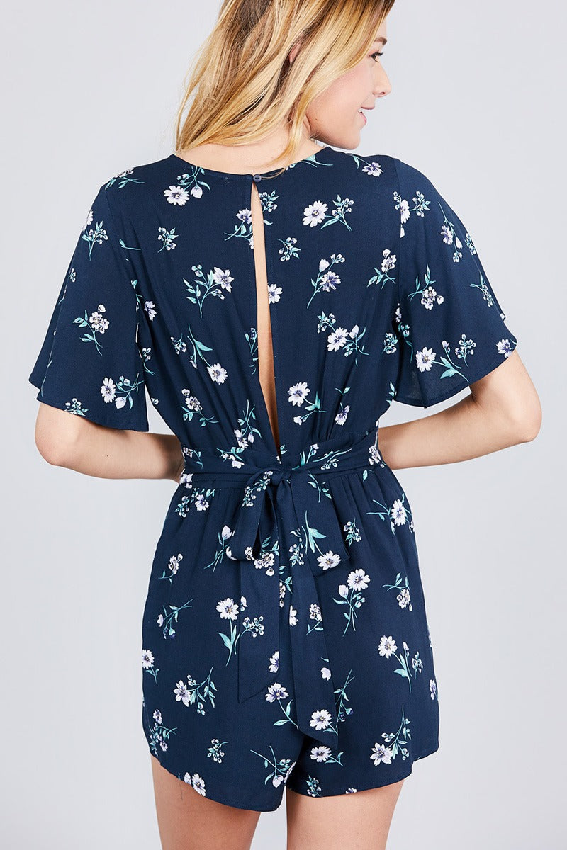 Bell Short Sleeve Back Open Waist Belt Print Romper