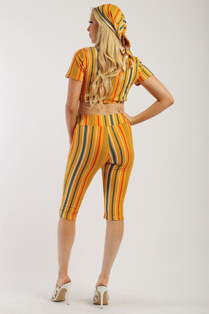 Pin Striped, 3 Piece Top, Capri Legging And Scarf Set