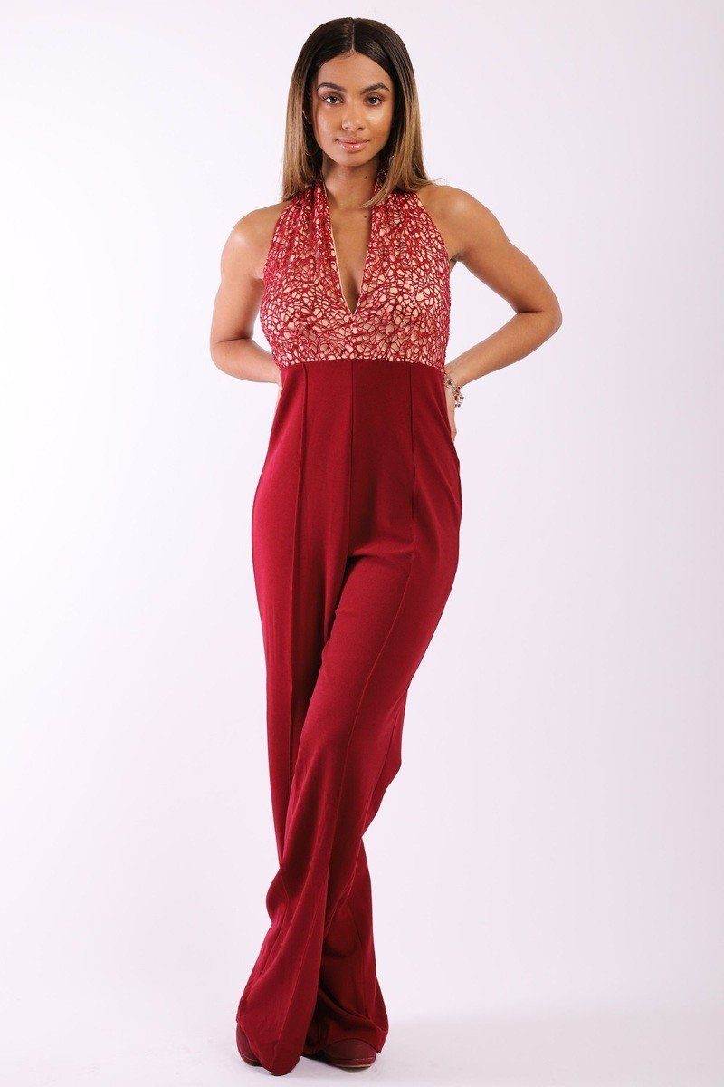 Solid Jumpsuit With Sequined Crochet Lave Halter Top