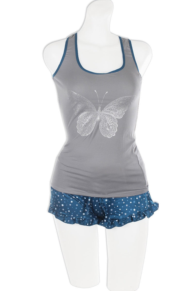 Knit Racerback Tank With Printed Ruffled Shorts Set