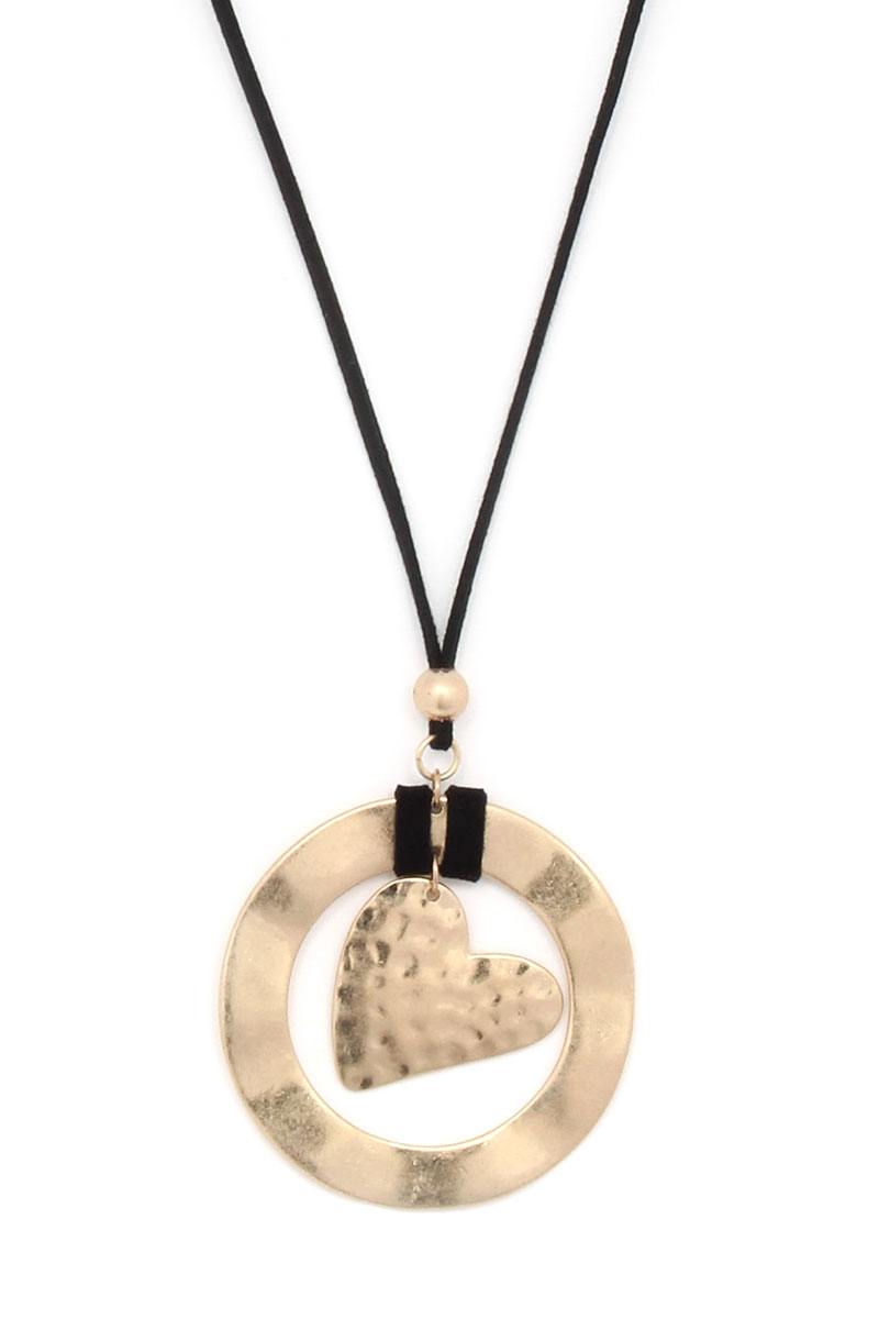 Hammered Circle Heart Shape Pendant Suede Necklace