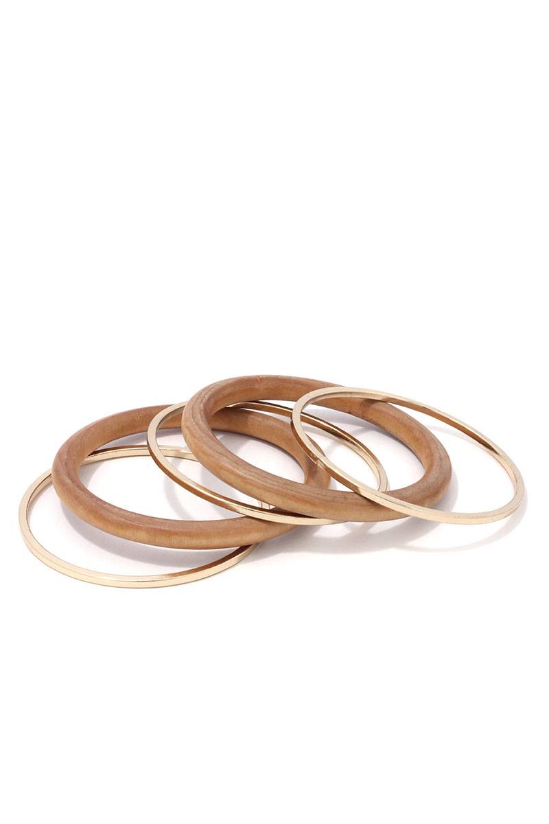 Wood Metal Bangle Bracelet Set