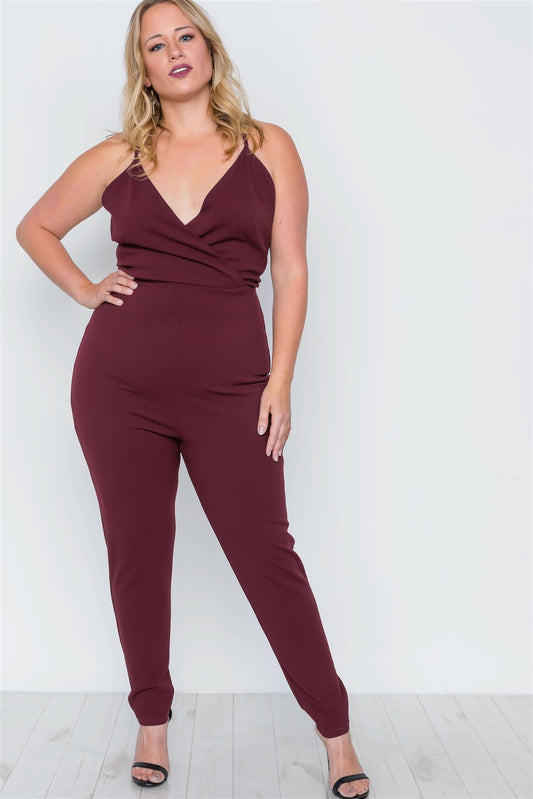 Plus Size Burgundy Surplice Neck Cami Open Back Jumpsuit