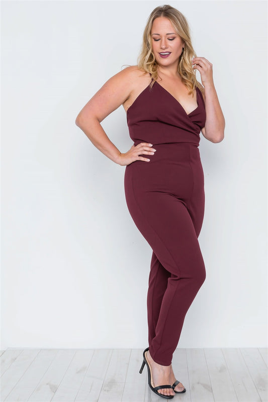 Plus Size Burgundy Surplice Neck Cami Open Back Jumpsuit