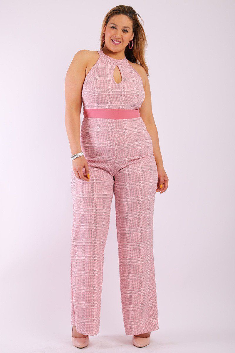 Plaid, Sleeves Jumpsuit With Front And Back Keyhole, Halter Neck, Contrast Solid Waist Trim And Back Button Closure