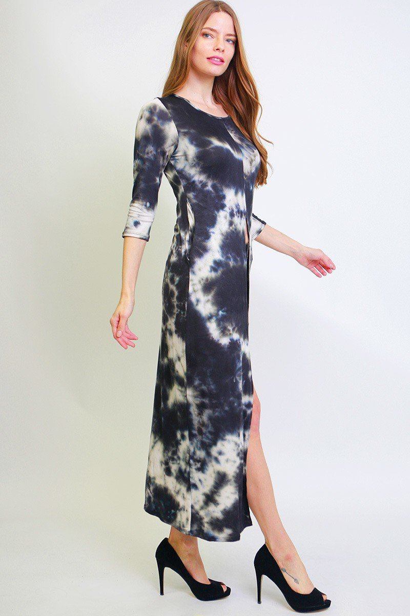 Tie Dye, Long Body Tunic Top In A Fitted Style, With 3/4 Sleeves, A Round Neck, Pockets, And A Front Slash Slit