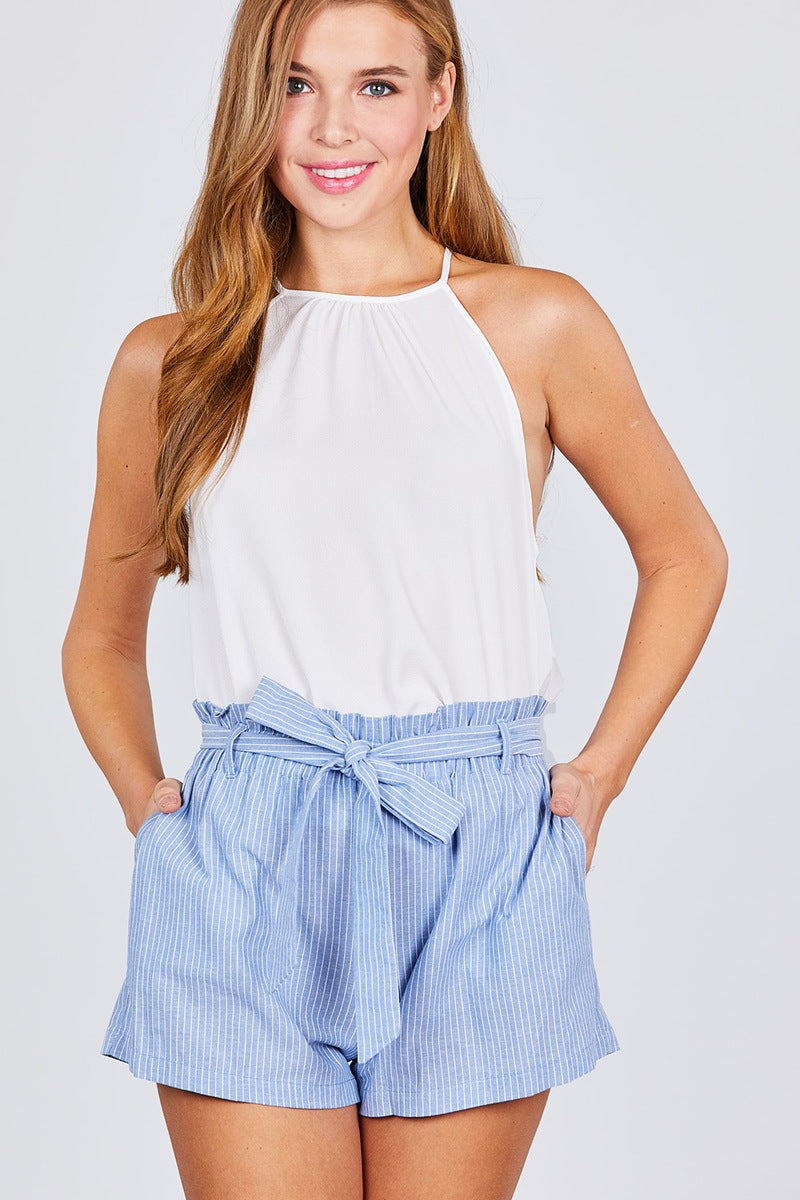 Paper Bag W/bow Tie Yarn Dye Stripe Short Pants